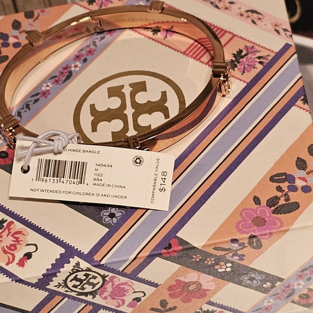 Tory Burch Classic Logo Rose Gold Hinge Bangle Bracelet